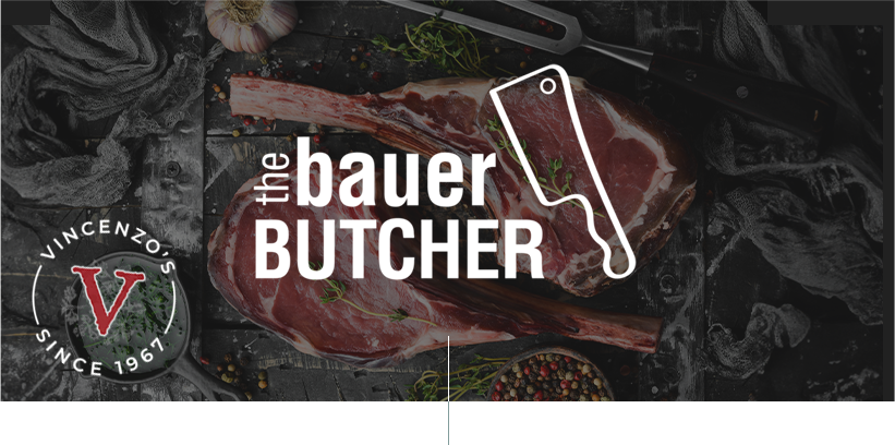 Meat from birds eye view with Bauer Butcher Logo